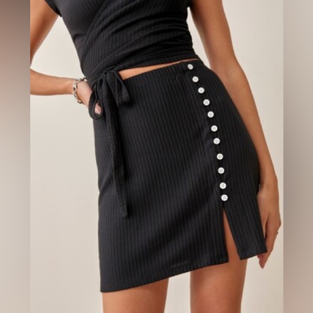 Reformation Black Mini Skirt with Button Detail